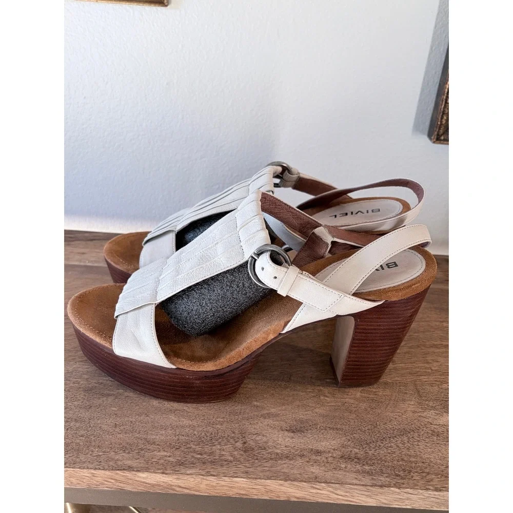 Biviel Italian Cream Leather Pleated Platform Block Heel Slingback‎ Sandals 39